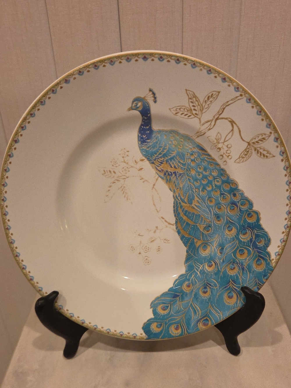 222 Fifth Blue and Gold Peacock Decorative Dinner Plate